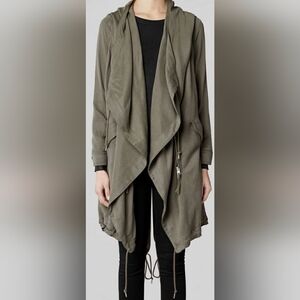 NEW AllSaints Portere Parka Jacket Size 4 Green Hooded Drape Front Pockets